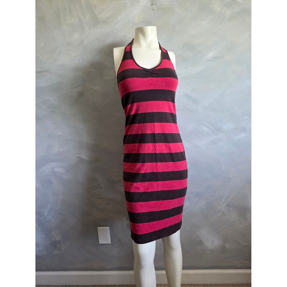 Old Navy Vintage Y2K Pink Brown Striped Halter Dress Sz M Stretch 2003 Rugby